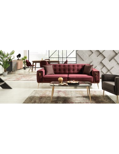 Canapé rembourré en tissu, 3 places, avec fonction sommeil pour 1 personne Pietro Burgundy K1, l226xA95xH84 cm soldes