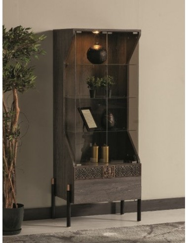 Vitrine palette et métal, avec 2 portes Wella Gris / Noir, L60xA48xH160 cm 2023