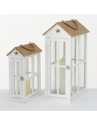 Lot de 2 lanternes décoratives en bois Casa Blanc / Naturel, L21xl21xH55 cm / L14xl14xH38 cm JUSQU'A -70%! 