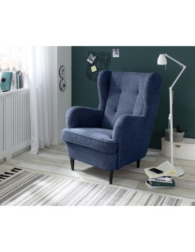 Fauteuil fixe rembourré avec tissu et pieds en bois, Oskard Bleu, l78xA98xH102 cm en stock