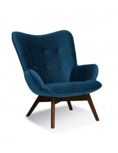 Fauteuil fixe tapissé de tissu, avec pieds en bois Chérubin Bleu Marine / Noyer, l79xA91xH93 cm brillant des détails fins