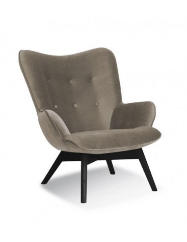 Fauteuil fixe rembourré en tissu, avec pieds en bois Chérubin Beige / Noir, l79xA91xH93 cm en linge