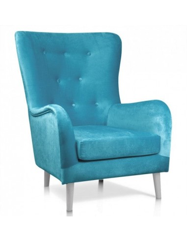 Fauteuil fixe tapissé de tissu, avec pieds en bois Marshal Turquoise / Blanc, l85xA96xH103 cm votre