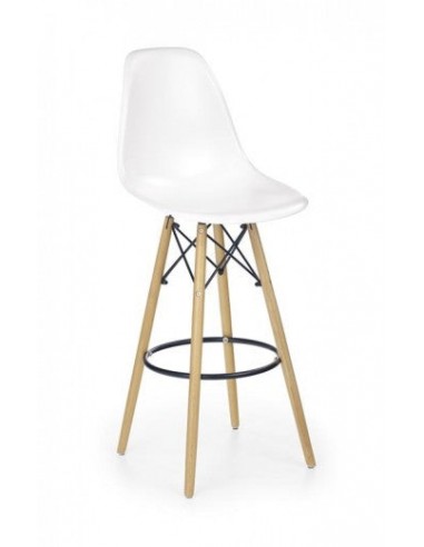 Tabouret de bar en plastique avec pieds en bois H-51 Blanc / Hêtre, l54xA46xH115 cm pas cher 