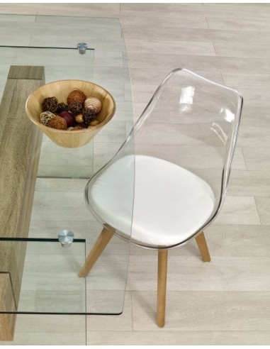 Chaise avec assise rembourrée en cuir écologique, avec pieds en bois K246 Transparent / Blanc, l48xA44xH83 cm de votre