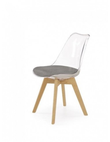 Chaise en plastique, avec assise rembourrée avec tissu et pieds en bois K342 Transparent / Gris / Hêtre, l48xA58xH83 cm les ctes