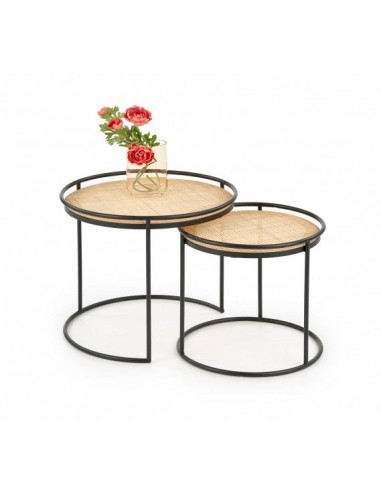 Set de 2 tables basses rotin et métal Manado Naturel / Noir, Ø51xH42 / Ø41xH37 cm prix pour 