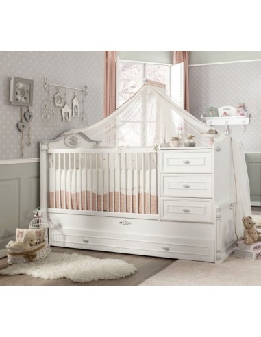 Lit bébé convertible avec tiroir à palette, pour bébé Romantic Baby Blanc-180 x 80 cm les ctes