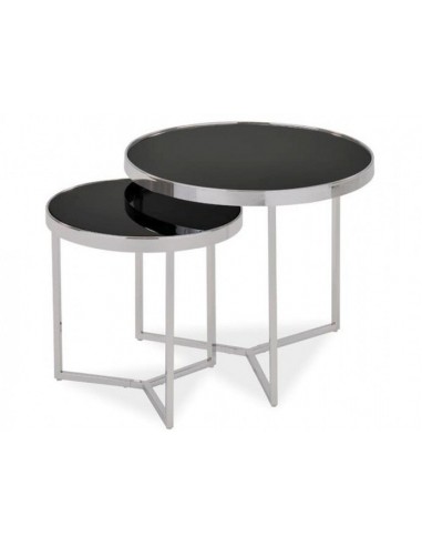 Set de 2 tables basses en verre et métal Delia II Noir / Chrome, Ø60xH52 cm / Ø45xH45 cm de France