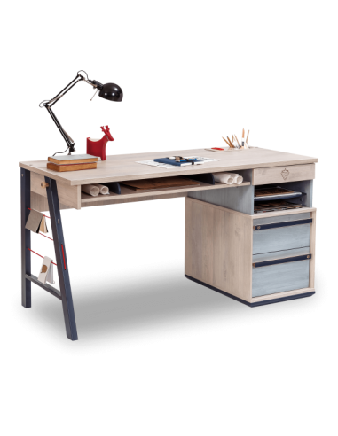 Table de bureau pâle et métal pour jeune, garçon 12-24 ans, Trio Natur / Bleu, l141xA64xH76 cm Comparez plus de prix