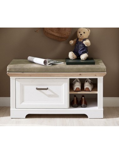 Banc en MDF, tapissé de tissu et 1 tiroir, Jessie Beige clair, l93xA41xH49 cm Economisez 