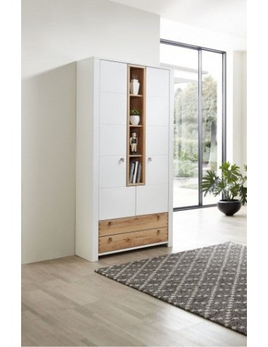 Meuble d'entrée palette et MDF avec 2 tiroirs et 2 portes, Selina Blanc / Naturel, l92xA41xH202 cm Jusqu'à 80% De Réduction