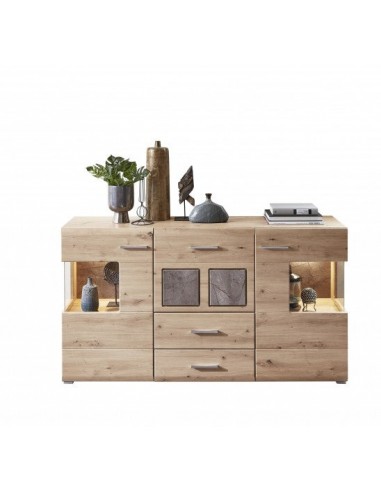 Commode en bois et MDF, avec 3 tiroirs et 2 portes Skylar Stejar, l170xA42xH94 cm suggérées chez