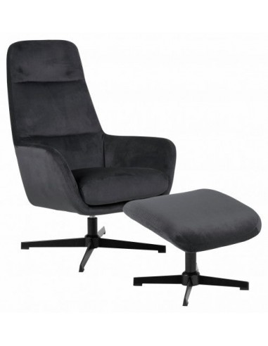 Fauteuil pivotant rembourré avec tissu + Tabouret Trafford Velours Gris foncé, l70xA122xH103,5 cm chez Cornerstreet bien 