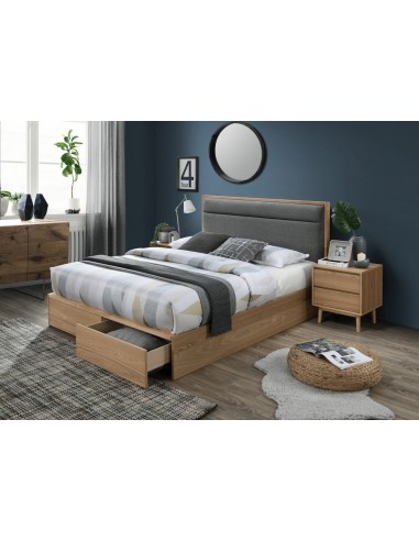 Lit en placage, recouvert de tissu et 2 tiroirs, Blossoms, Gris Foncé destockage